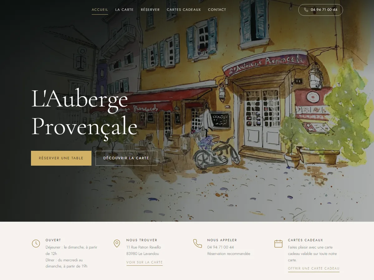 Le site d’un restaurant créé avec Goombe, avec le bouton Réserver