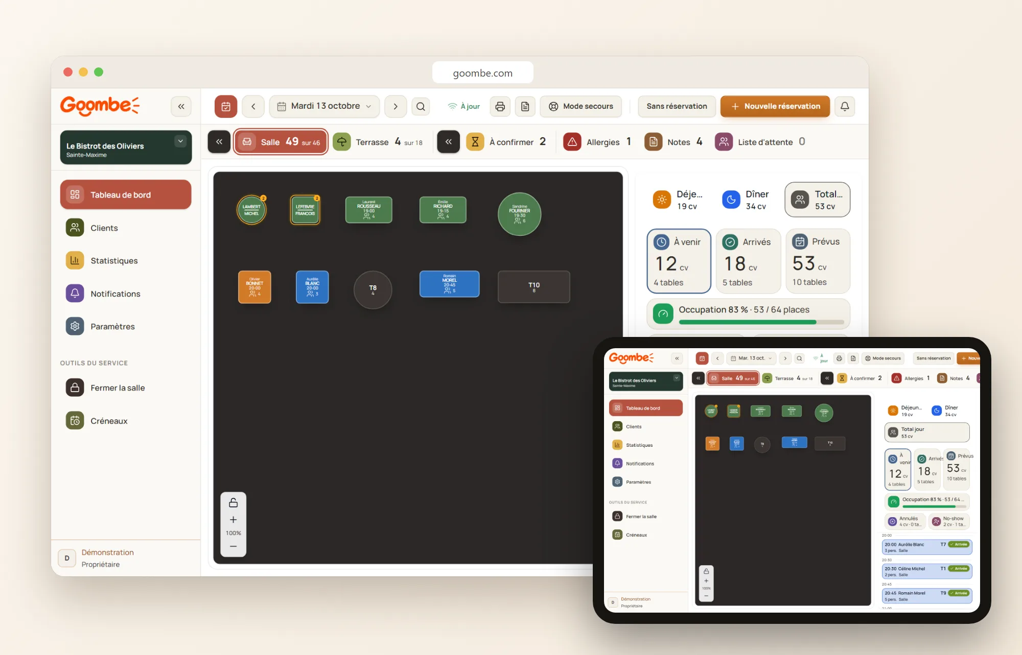 Goombe sur ordinateur et sur tablette : le même plan de salle et le même carnet, pour toute l'équipe