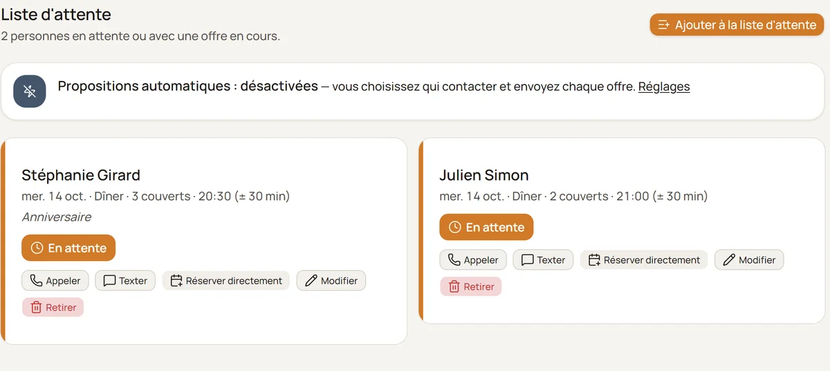 La liste d’attente de Goombe : nom du client, couverts, heure souhaitée, boutons Appeler, Texter et Réserver directement