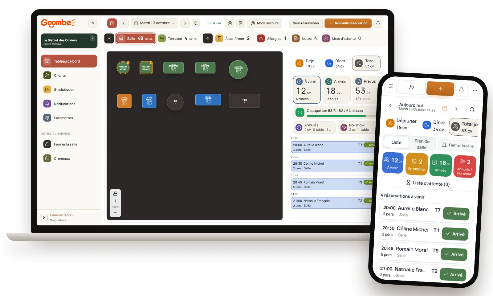 Goombe sur un ordinateur portable, avec le plan de salle et les réservations du service, et sur un téléphone, avec la liste des arrivées du dîner