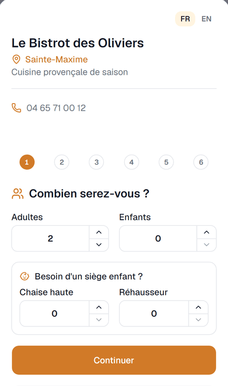 Page de réservation en ligne Goombe, à l'image du restaurant, avec choix du nombre de convives