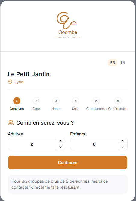 Page de réservation en ligne Goombe, à l'image du restaurant, avec choix du nombre de convives